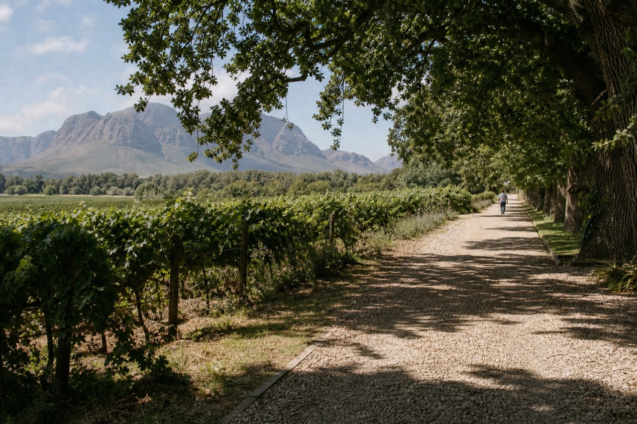 A minibus-sized shadow of vine leaves falling across a gravel estate driveway lined with vineyard rows and mountains beyond, warm afternoon light, no vehicles, no signs, no text