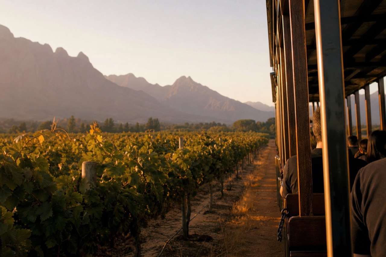 An open vintage-style tram carriage passing between rows of vines with steep mountains behind, warm afternoon light, no signage or text or recognisable faces