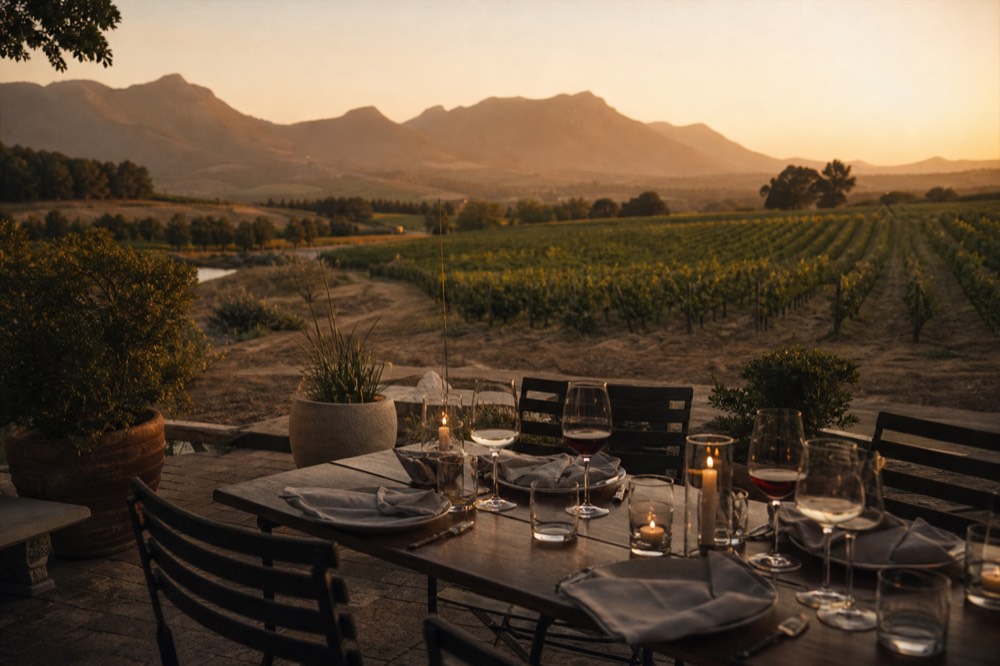 A set dinner table on a wine estate terrace at dusk with lit candles, plates and glasses of wine, vineyard and mountains fading into evening, no people, no text, no logos
