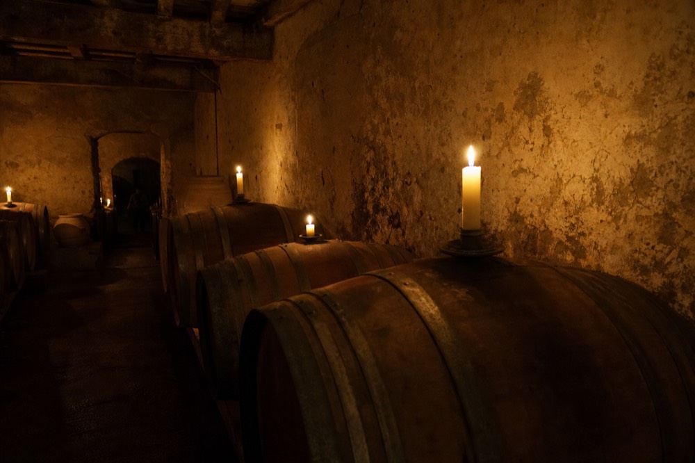 A dim stone wine cellar lit by candles with old oak barrels and a rough plastered wall, warm flickering light, no text, no logos, no people