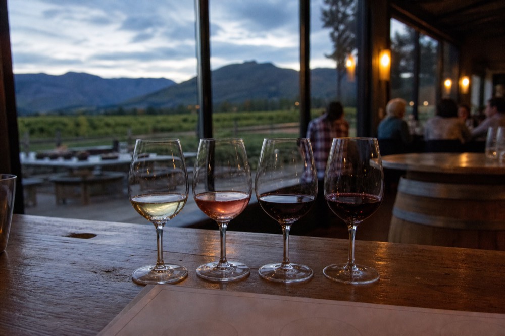 A flight of four wine glasses lined up on a wooden tasting counter from pale white to deep red beside a tasting mat, soft window light, blurred green vines outside, no text, no branding, no faces