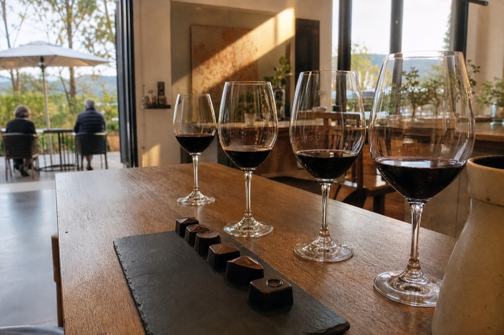 A tasting counter with a row of dark chocolate pieces on a slate beside glasses of deep red wine, a warm sunlit tasting room, no text, no branding, no people