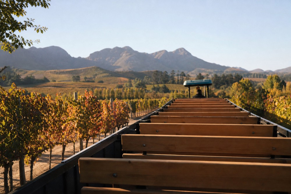 Passengers' view along an open trailer of empty wooden benches rolling between sunlit vineyard rows toward mountains, warm light, no people, no signage, no text
