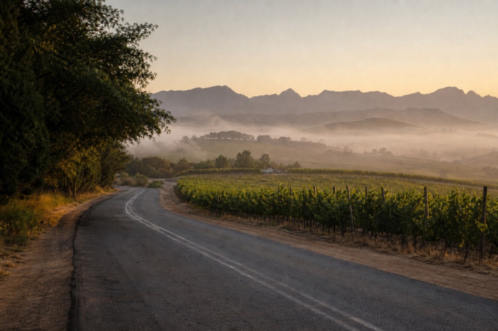 An empty two-lane country road curving between vineyard blocks toward blue mountains at dusk, warm low light, no cars, no signs, no text