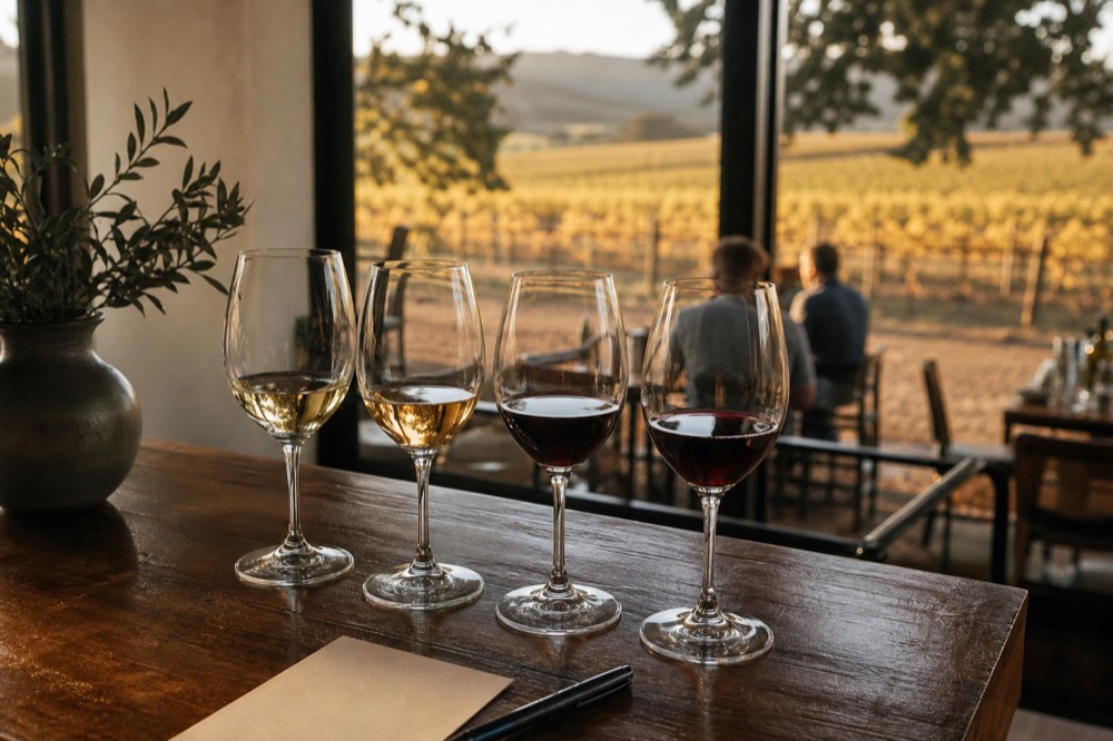 A flight of four wine glasses on a wooden counter graded from pale gold to deep garnet beside a card and a pen, soft window light, blurred vines outside, no readable text, no branding